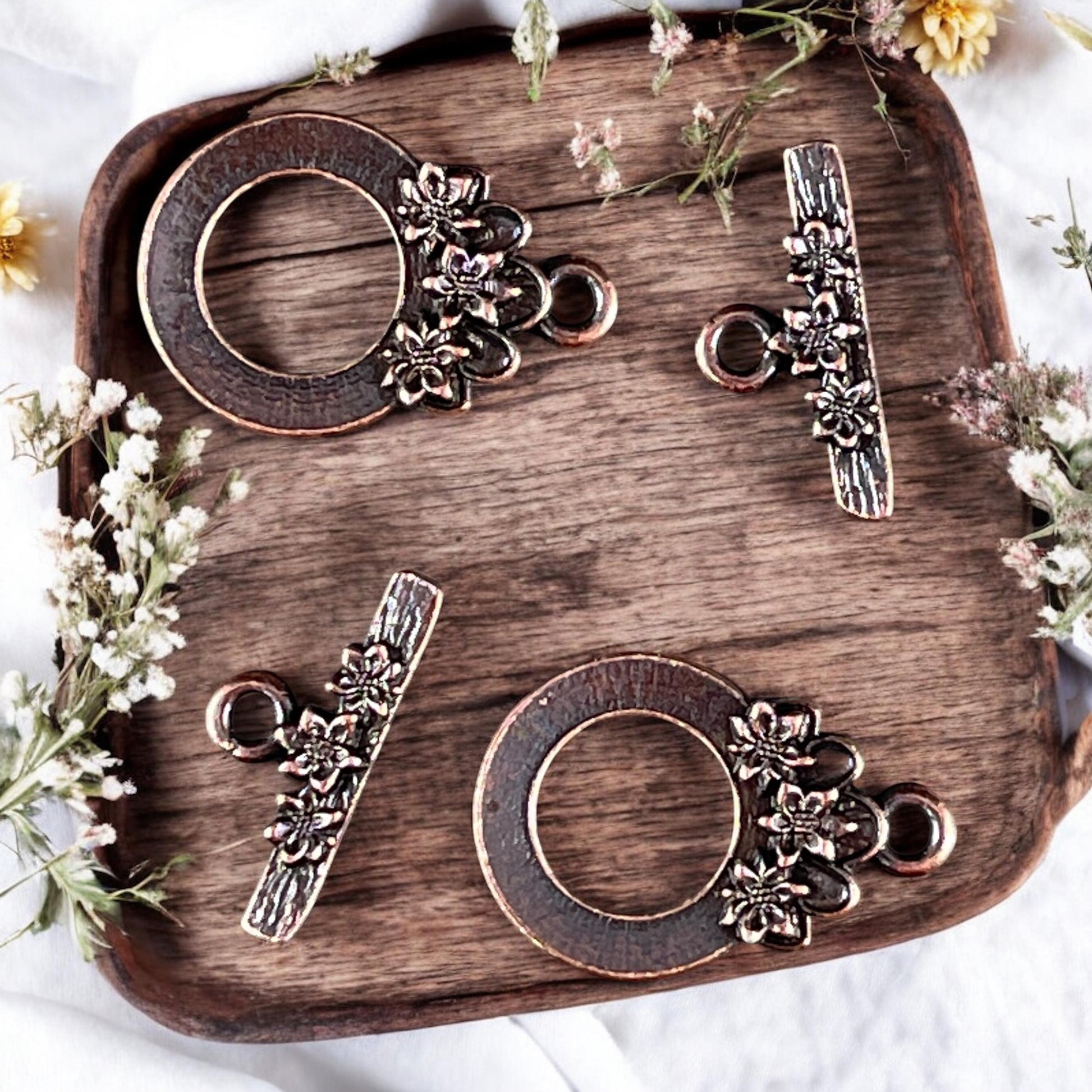 TierraCast Antiqued Copper Toggle Clasp, Blossom Collection, 17x21mm Medium Size Clasp with Floral Design (PF/1071-87) * Qty. 2