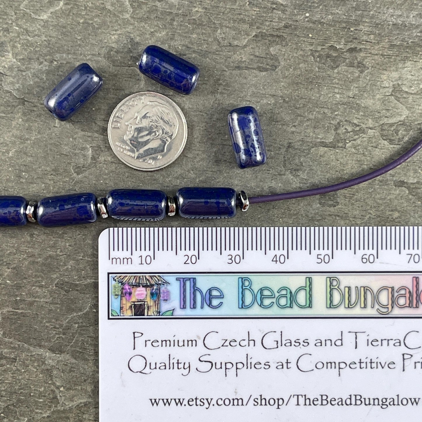Czech Glass Beads - 14x7mm Large Hole Tube Bead, Cobalt Blue with Silver Picasso Finish, 2mm Hole (TUBE/N-2131) * Qty. 10