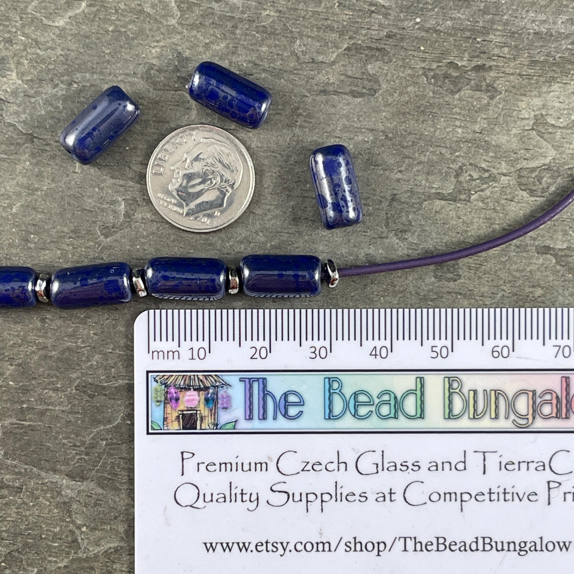 Czech Glass Beads - 14x7mm Large Hole Tube Bead, Cobalt Blue with Silver Picasso Finish, 2mm Hole (TUBE/N-2131) * Qty. 10