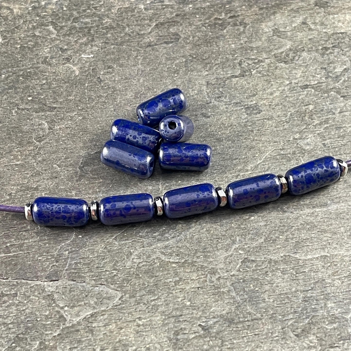 Czech Glass Beads - 14x7mm Large Hole Tube Bead, Cobalt Blue with Silver Picasso Finish, 2mm Hole (TUBE/N-2131) * Qty. 10