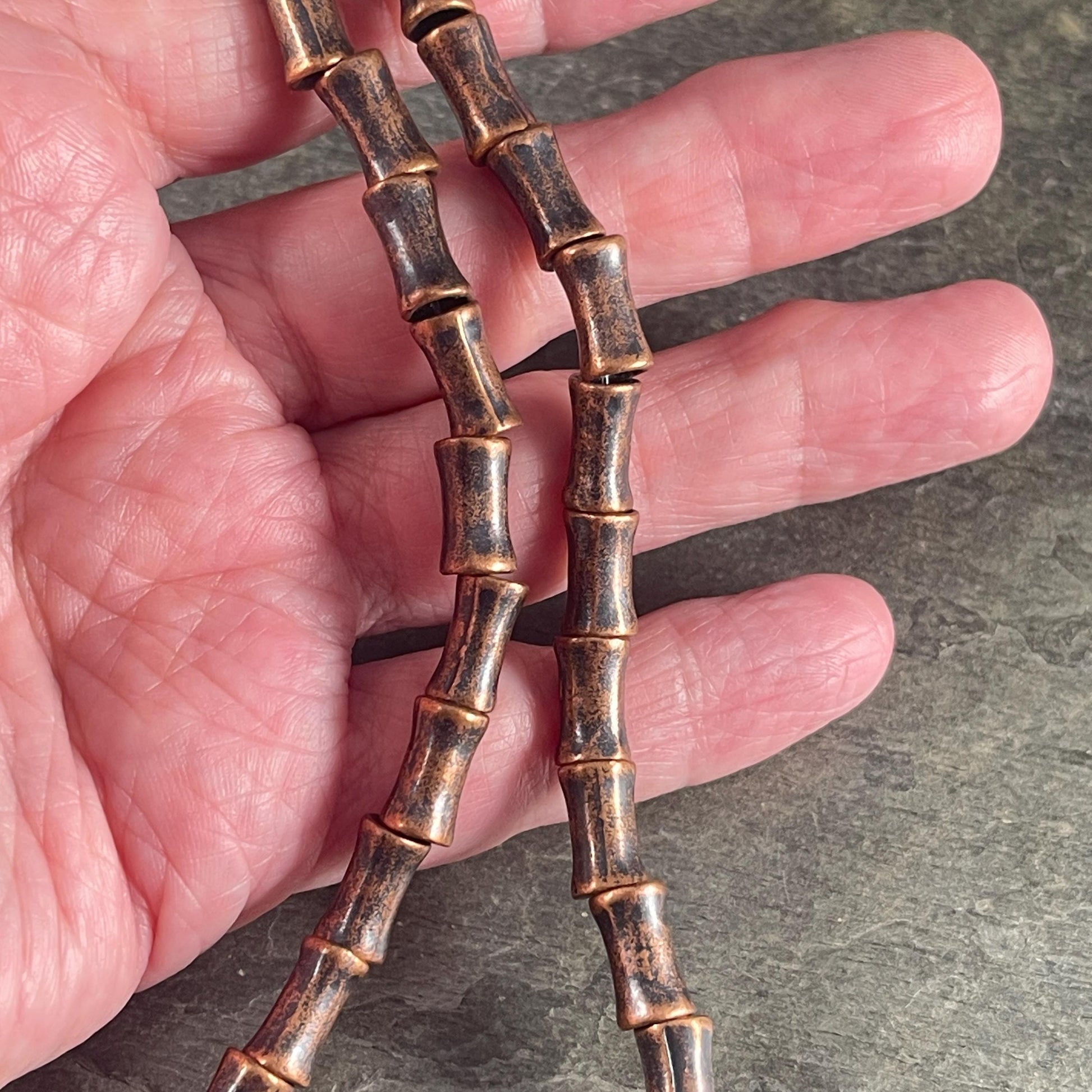 Antiqued Copper 11x6mm Metal Tube Beads, Large Hole Metal Beads, Hildie &: Jo 7" Strand - 17 Beads