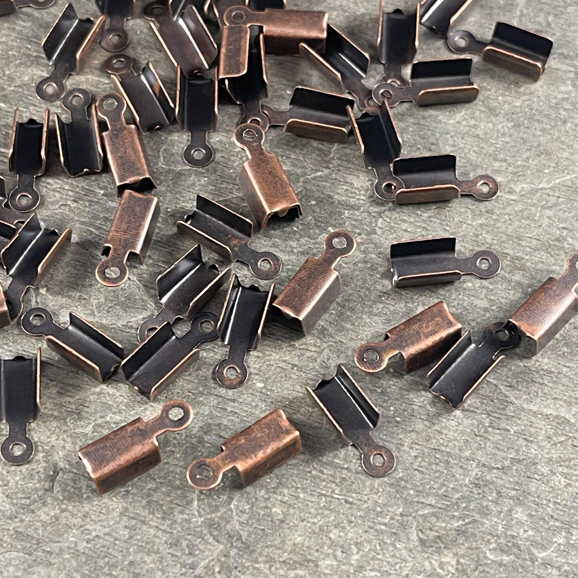 Antiqued Copper Cord Ends, Finishing Ends with Loop, Flat Folding Crimp for Leather or Cord (ZX999-R) * Qty. 200