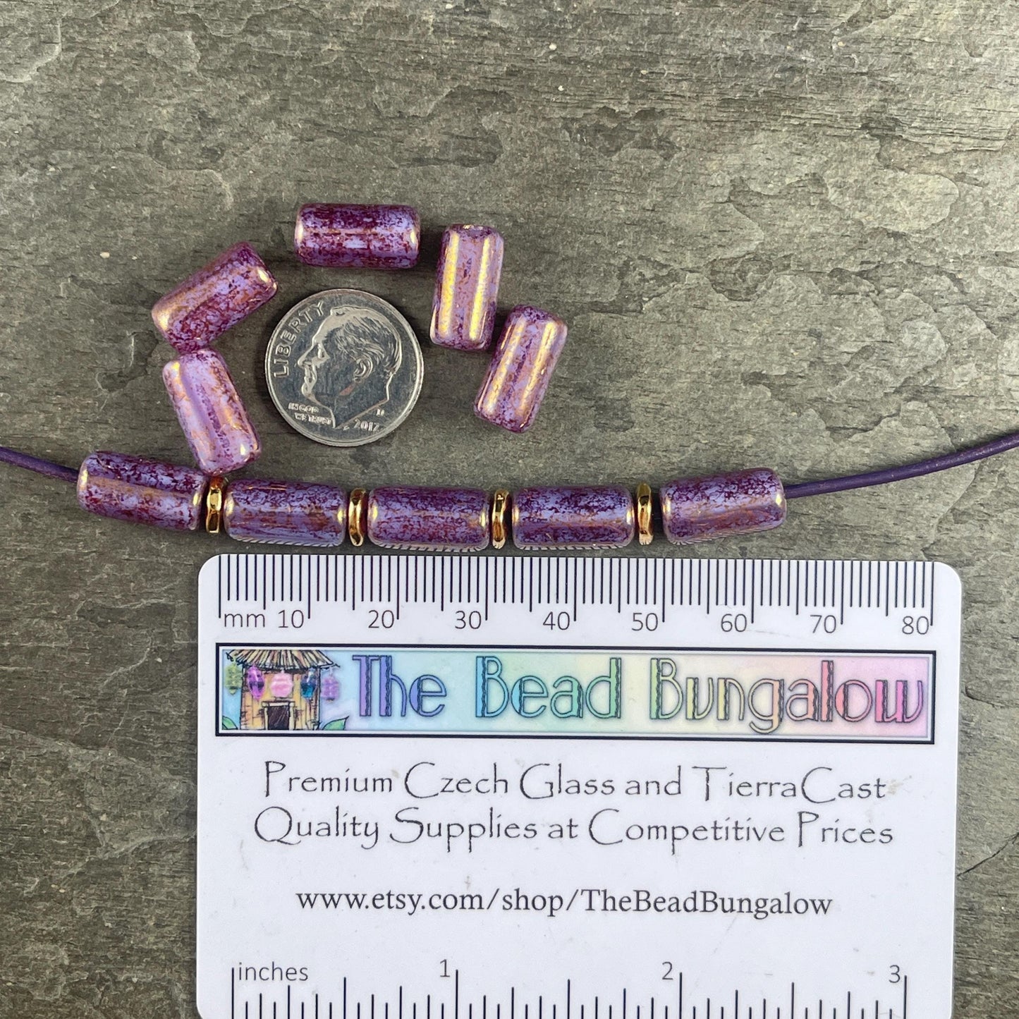 Czech Glass Beads - 14x7mm Large Hole Tube Bead, Purple Thistle with Plum Picasso Finish, 2mm Hole (TUBE/N-2126) * Qty. 10