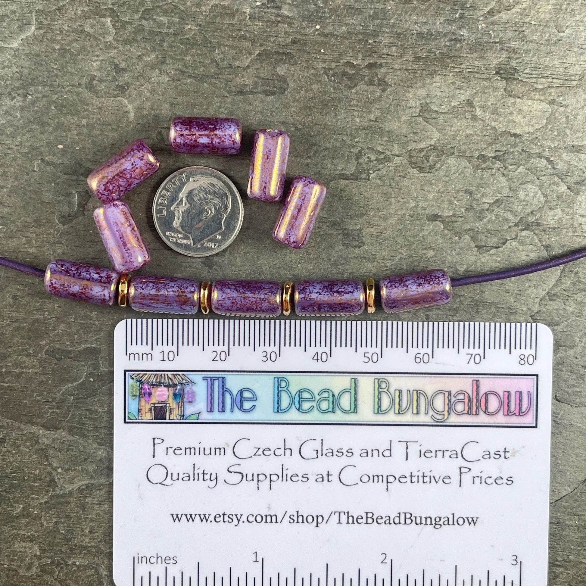 Czech Glass Beads - 14x7mm Large Hole Tube Bead, Purple Thistle with Plum Picasso Finish, 2mm Hole (TUBE/N-2126) * Qty. 10
