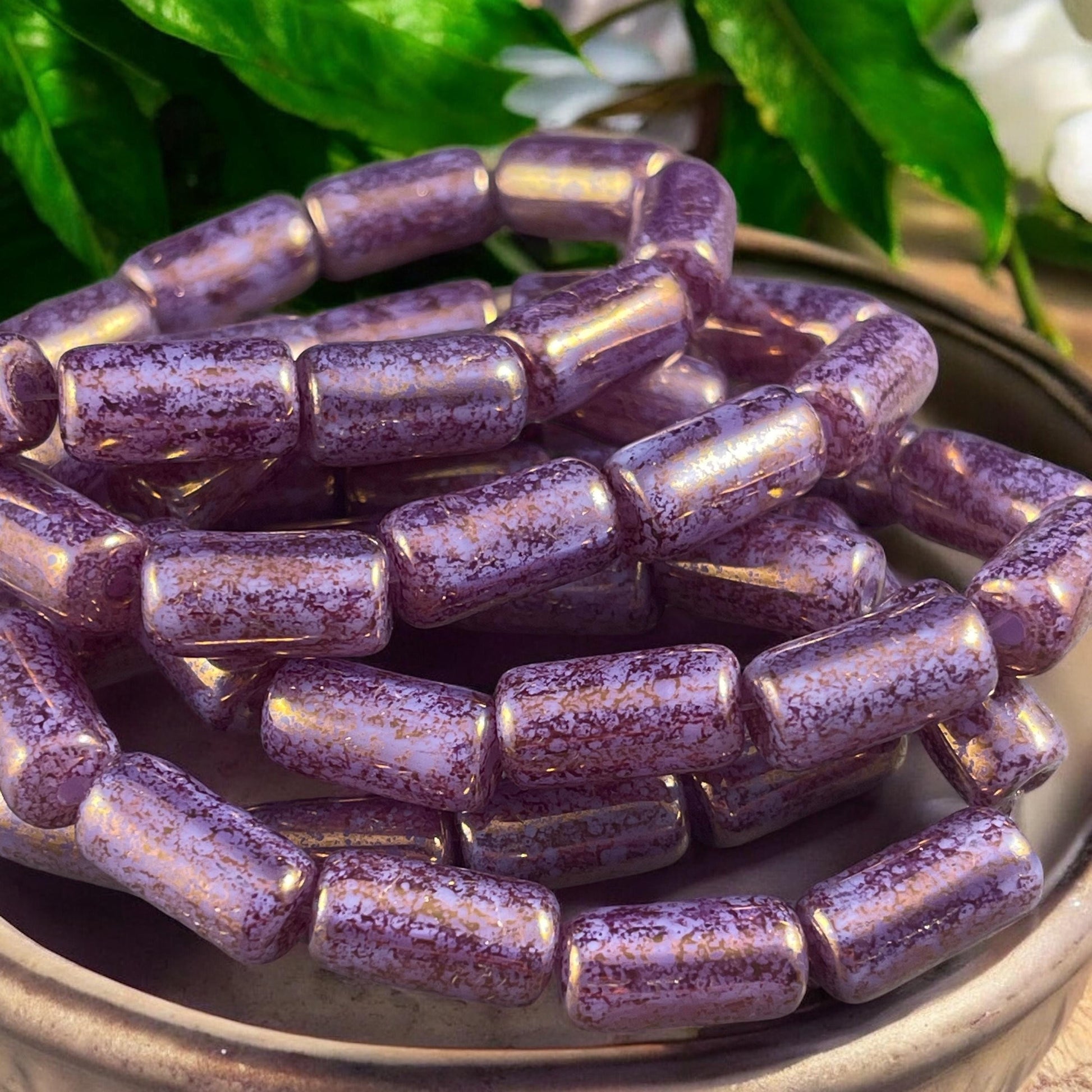 Czech Glass Beads - 14x7mm Large Hole Tube Bead, Purple Thistle with Plum Picasso Finish, 2mm Hole (TUBE/N-2126) * Qty. 10