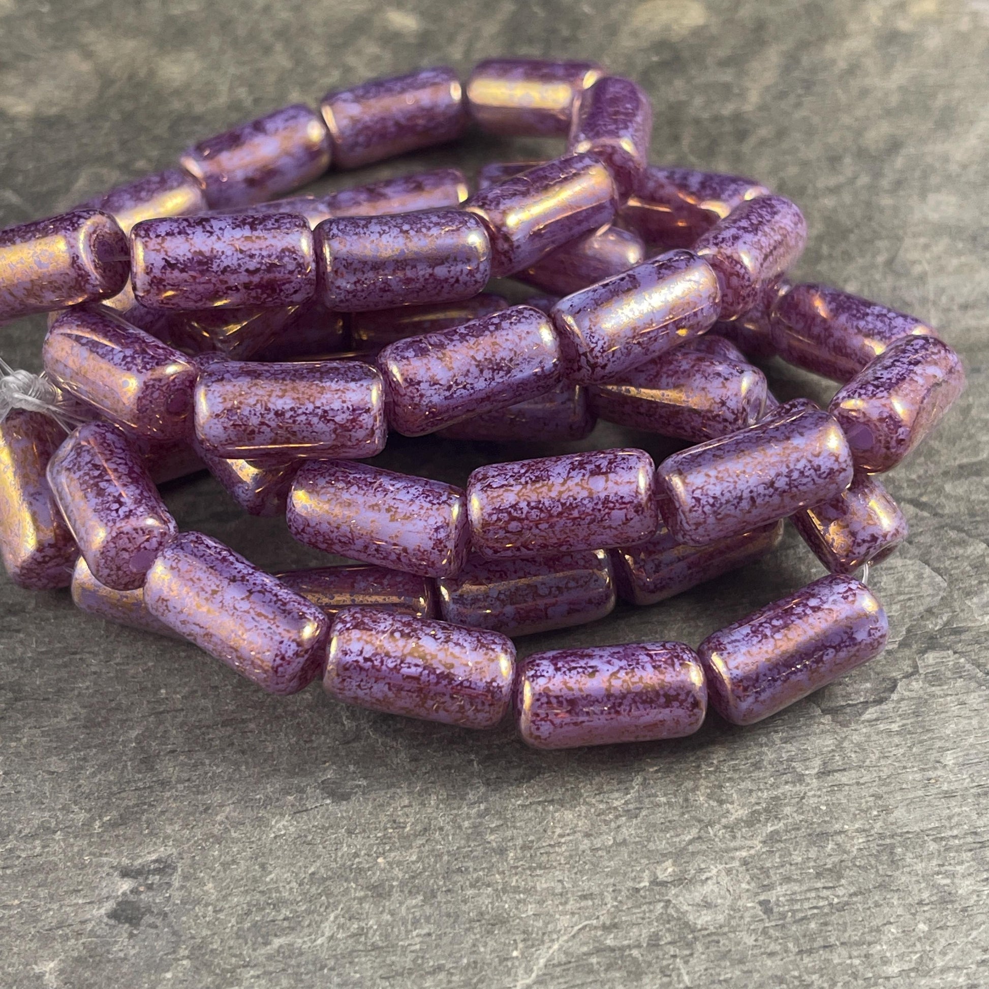 Czech Glass Beads - 14x7mm Large Hole Tube Bead, Purple Thistle with Plum Picasso Finish, 2mm Hole (TUBE/N-2126) * Qty. 10