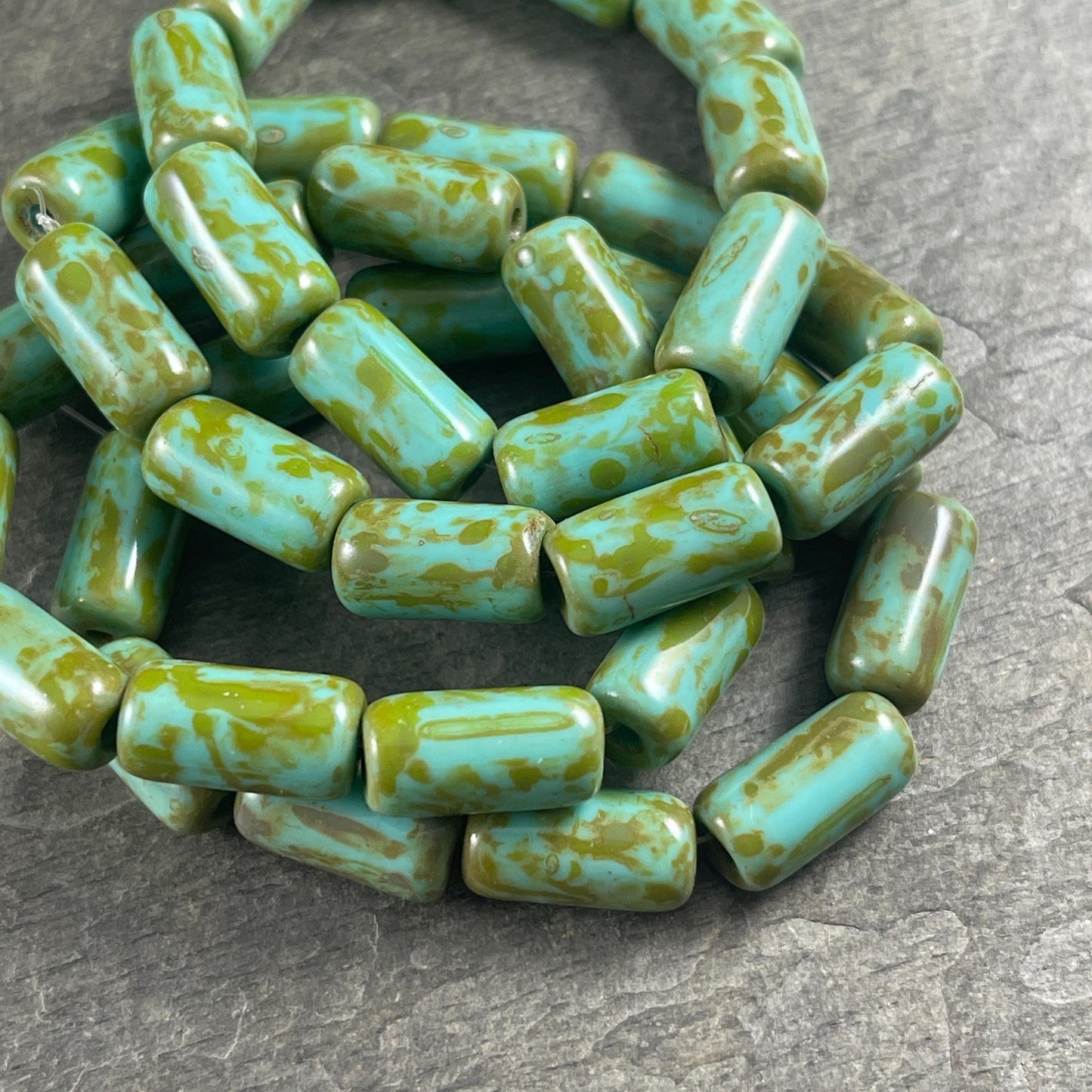 Czech Glass Beads - 14x7mm Large Hole Tube Bead, Tea Green with Picasso Finish, 2mm Hole (TUBE/N-2133) * Qty. 10