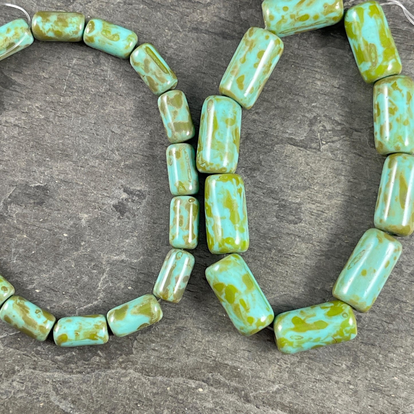 Czech Glass Beads - 14x7mm Large Hole Tube Bead, Tea Green with Picasso Finish, 2mm Hole (TUBE/N-2133) * Qty. 10