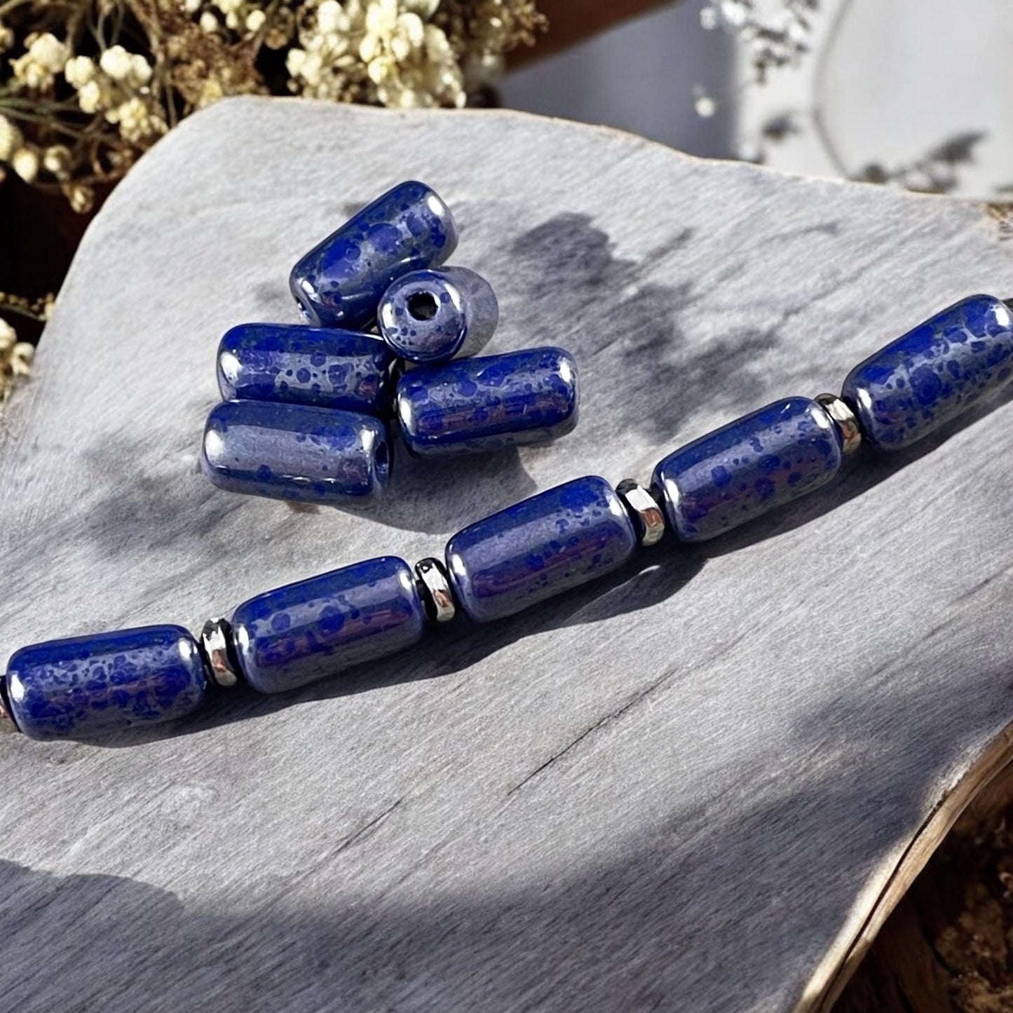 Czech Glass Beads - 14x7mm Large Hole Tube Bead, Cobalt Blue with Silver Picasso Finish, 2mm Hole (TUBE/N-2131) * Qty. 10