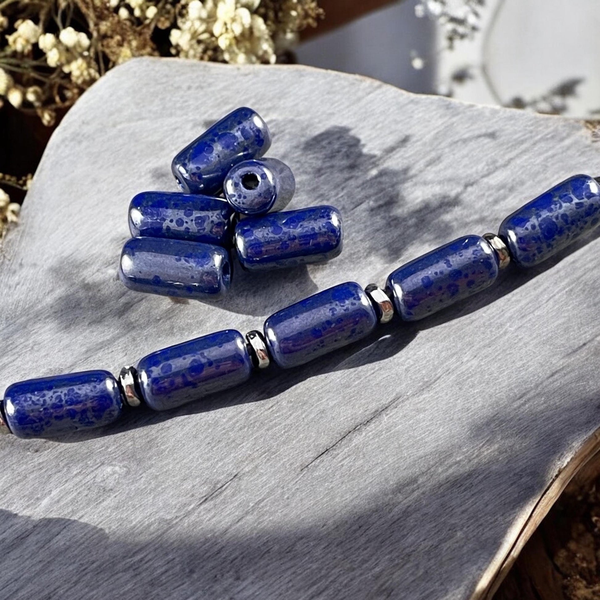 Czech Glass Beads - 14x7mm Large Hole Tube Bead, Cobalt Blue with Silver Picasso Finish, 2mm Hole (TUBE/N-2131) * Qty. 10