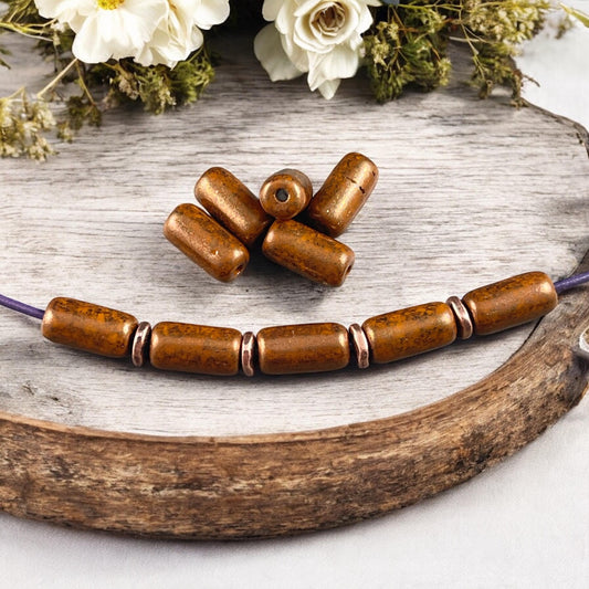 Czech Glass Beads - 14x7mm Large Hole Tube Bead, Burnt Orange with Bronze Picasso Finish, 2mm Hole (TUBE/N-2132) * Qty. 10