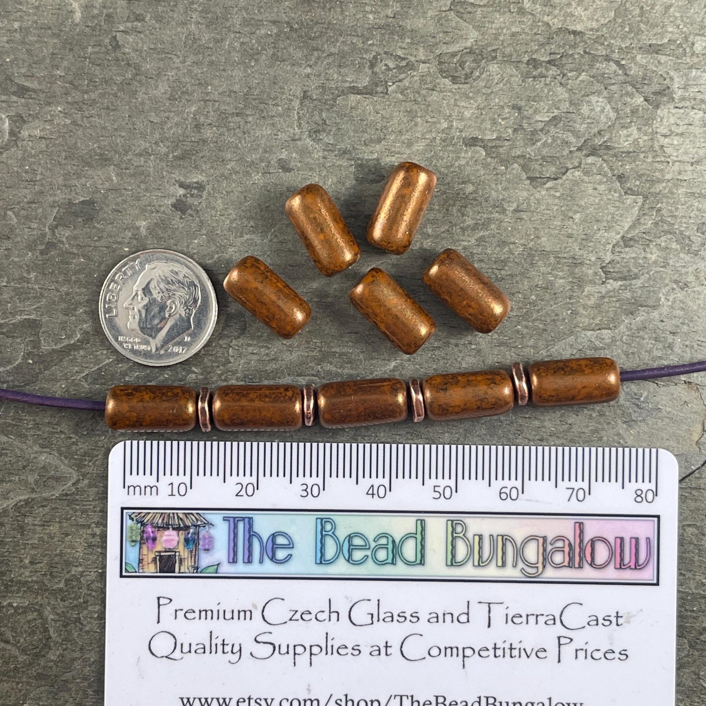 Czech Glass Beads - 14x7mm Large Hole Tube Bead, Burnt Orange with Bronze Picasso Finish, 2mm Hole (TUBE/N-2132) * Qty. 10