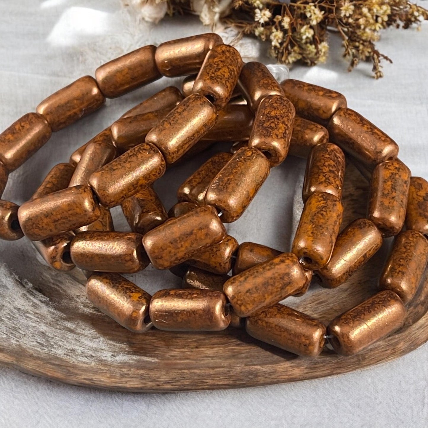 Czech Glass Beads - 14x7mm Large Hole Tube Bead, Burnt Orange with Bronze Picasso Finish, 2mm Hole (TUBE/N-2132) * Qty. 10