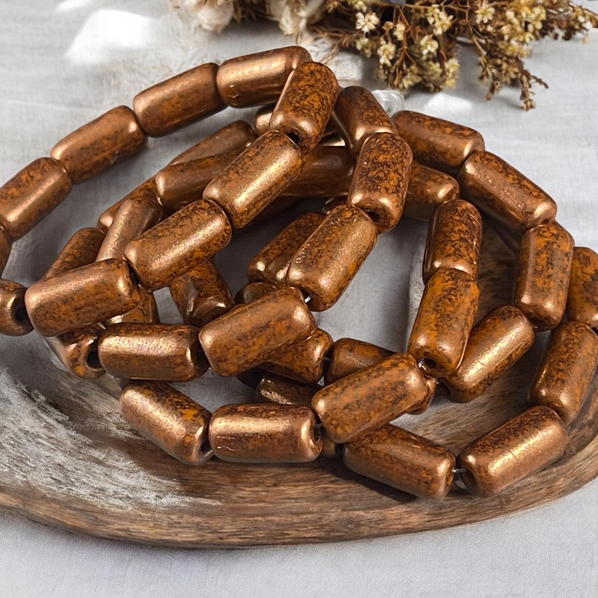Czech Glass Beads - 14x7mm Large Hole Tube Bead, Burnt Orange with Bronze Picasso Finish, 2mm Hole (TUBE/N-2132) * Qty. 10