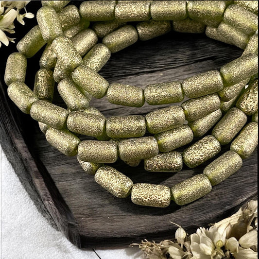 Czech Glass Beads - Etched Peridot Green 9x5mm Tube Bead, Peridot Green with Gold Wash (TBE/N-2114) * Qty. 16