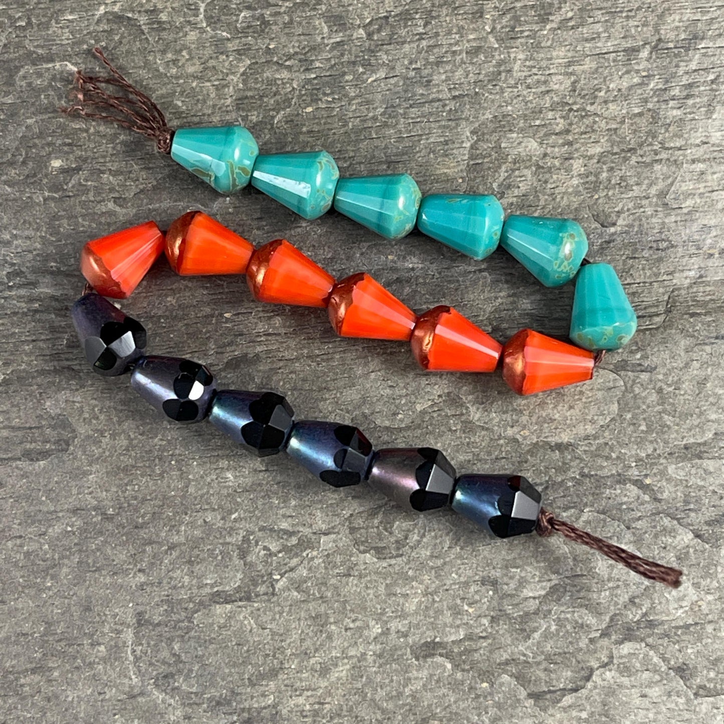 Czech Glass Beads, Black, Orange and Turquoise Faceted Teardrops, 8mm Glass Teardrop Assortment (BBEM/628.01) * Qty. 18