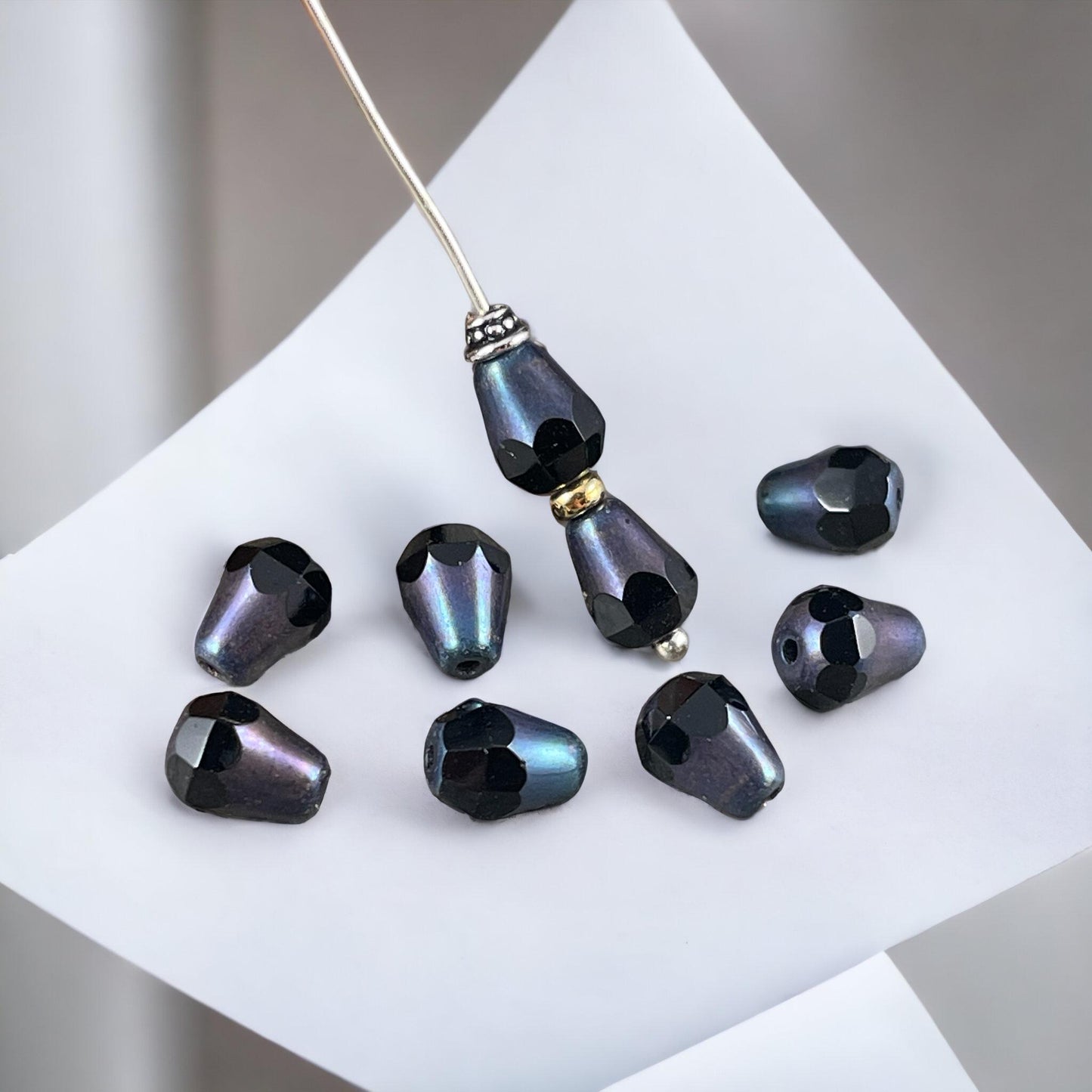 Czech Glass Beads, Black, Orange and Turquoise Faceted Teardrops, 8mm Glass Teardrop Assortment (BBEM/628.01) * Qty. 18