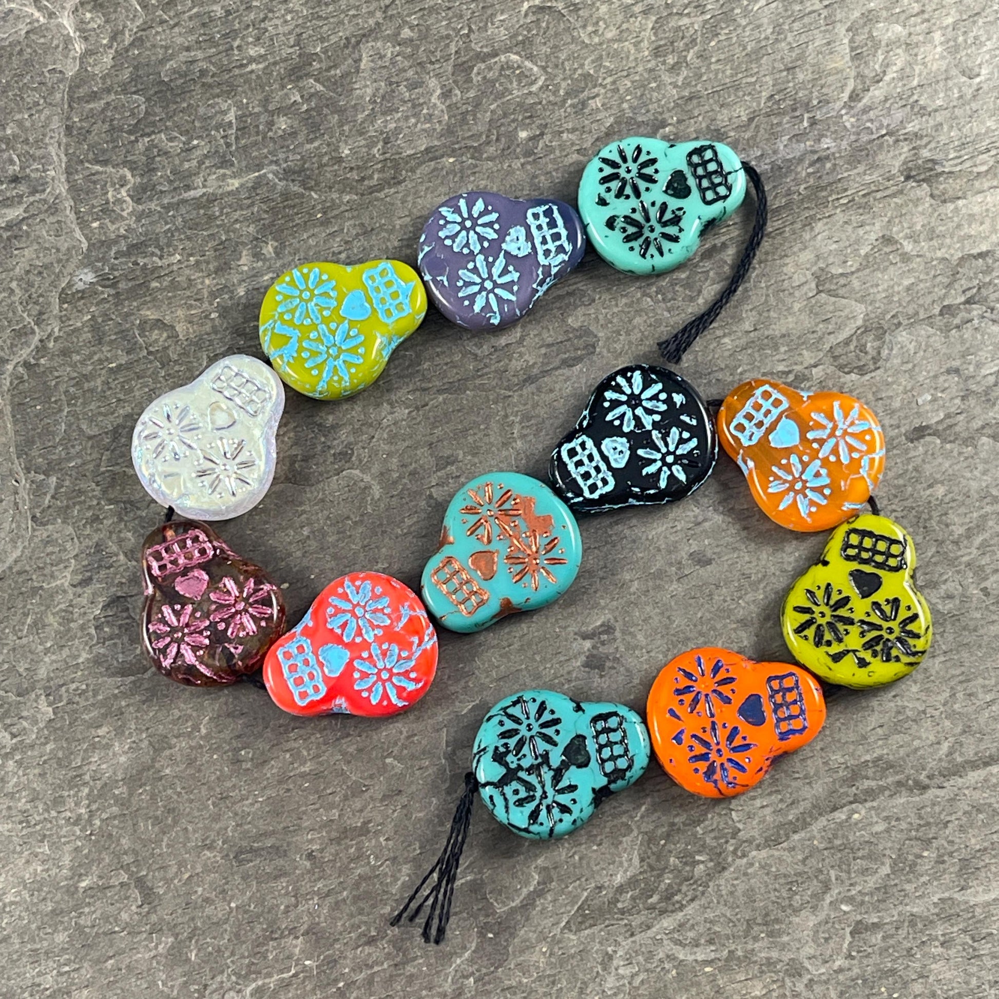 Czech Glass Sugar Skull Beads, Assortment Bead Soup Colorful Mix of Sugar Skull Beads (SS/Mix1) * Qty. 12