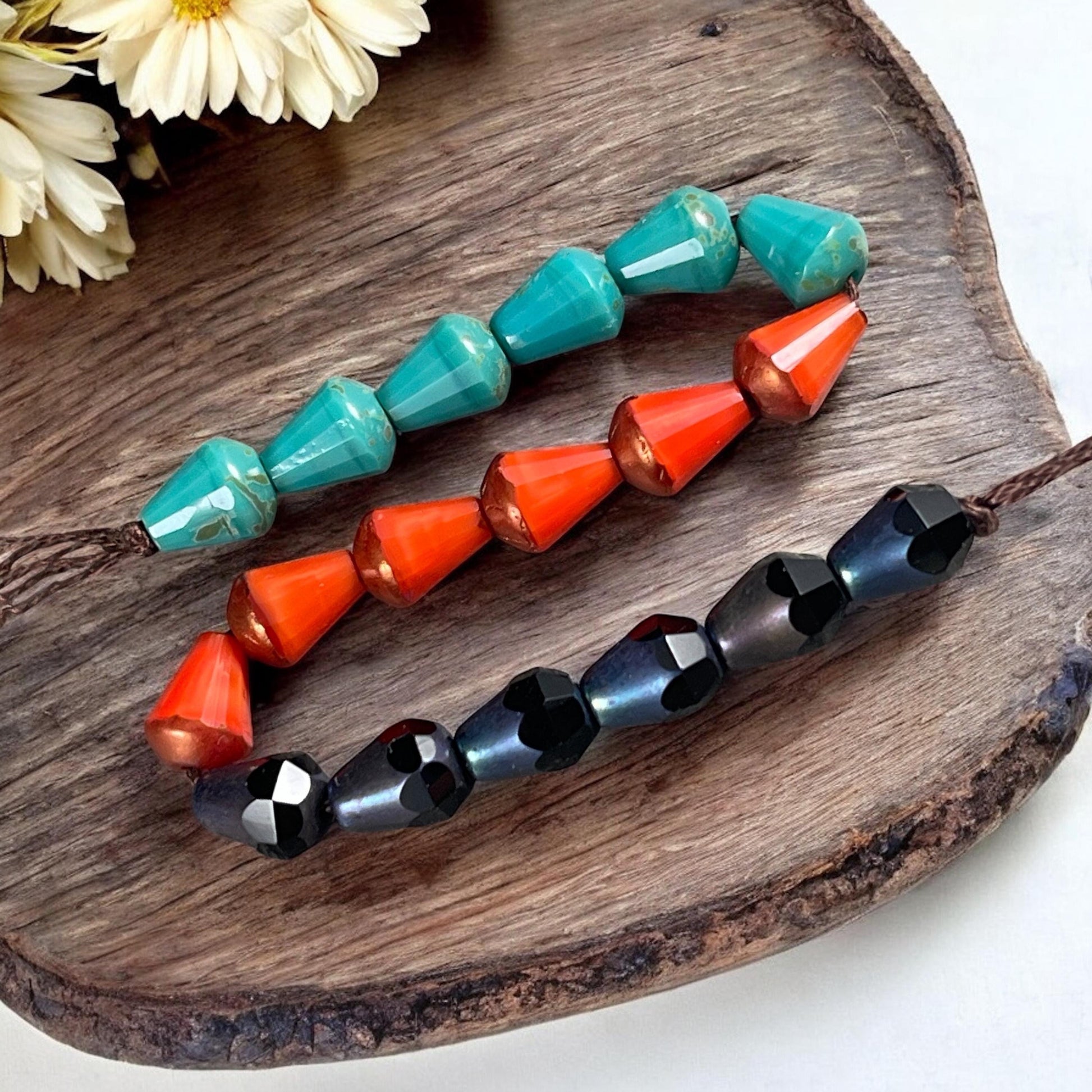 Czech Glass Beads, Black, Orange and Turquoise Faceted Teardrops, 8mm Glass Teardrop Assortment (BBEM/628.01) * Qty. 18