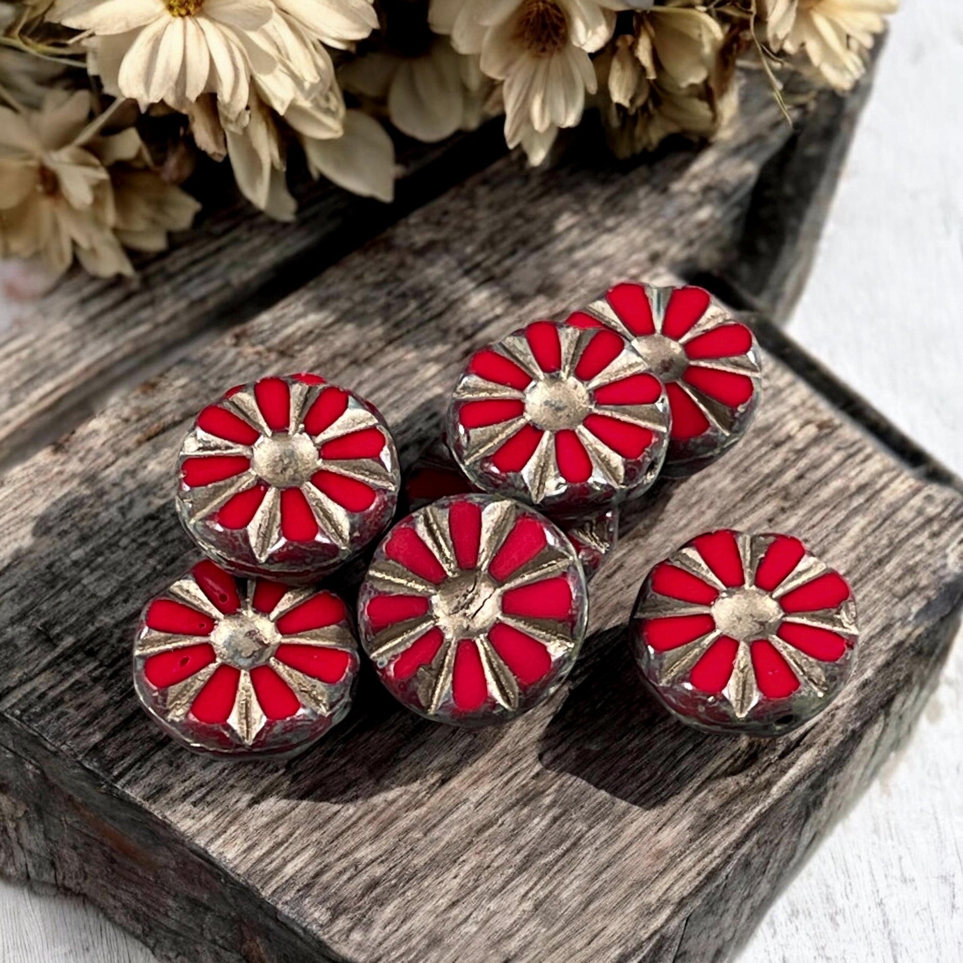 Czech Glass Beads, 12mm Ruby Red Sunflower Coin Beads with Gold Wash and Travertine Picasso Finish (TCT-RTG) * Qty. 8