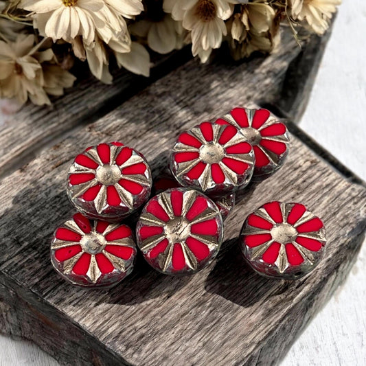 Czech Glass Beads, 12mm Ruby Red Sunflower Coin Beads with Gold Wash and Travertine Picasso Finish (TCT-RTG) * Qty. 8