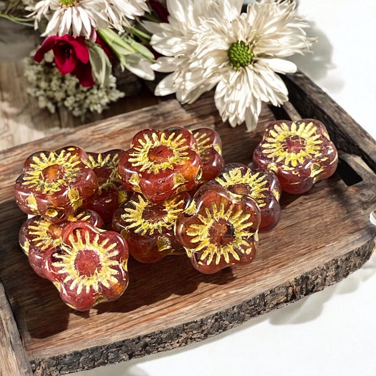 Transparent Reddish Orange Czech Glass Flower Beads 10mm Apple Blossom Flower Bead Czech Glass Beads (AB4) * Qty. 10