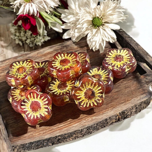 Transparent Reddish Orange Czech Glass Flower Beads 10mm Apple Blossom Flower Bead Czech Glass Beads (AB4) * Qty. 10