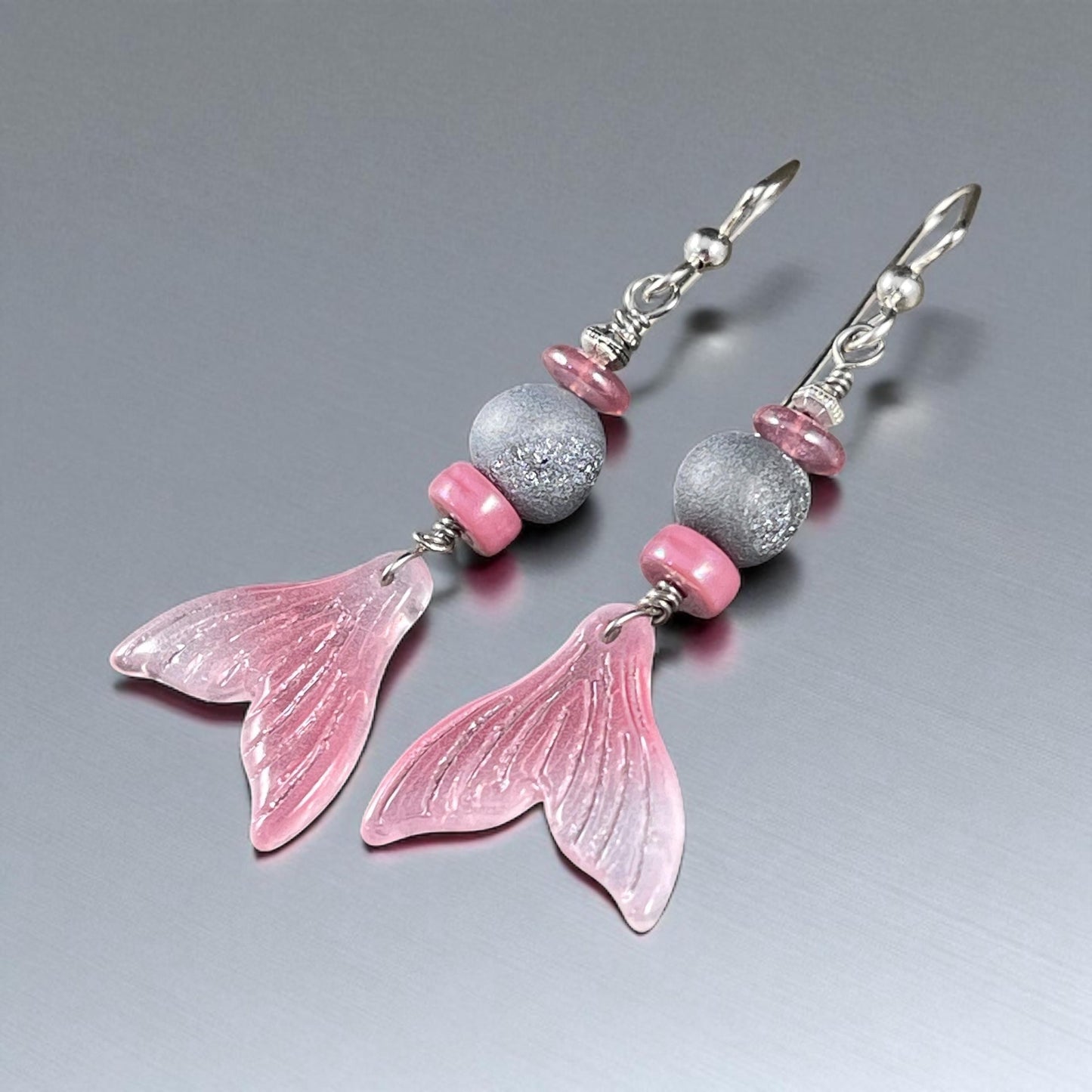 Mermaid Tail, Glass Charm, Pink, Blue or Orange Glass Whale Tail, Charms for Earrings