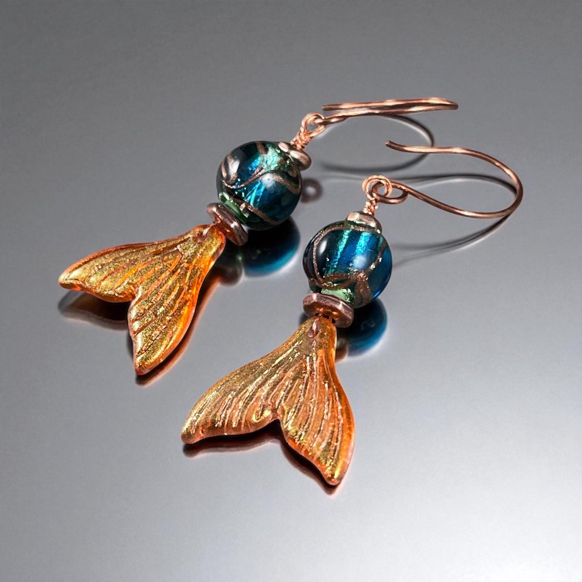 Mermaid Tail, Glass Charm, Pink, Blue or Orange Glass Whale Tail, Charms for Earrings