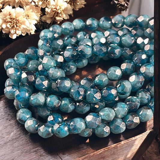 Czech Glass Beads, Capri Blue and Turquoise 6mm Faceted Round Beads - Pacific Blue Blend (FP6/N-123) * Qty 25