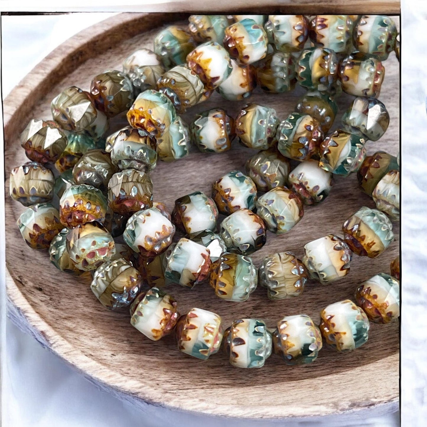 Czech Glass Beads - 6mm Faceted White, Aqua, Brown and Gold Picasso Beads, Cathedral Cut (CT6/N-041) * Qty. 20