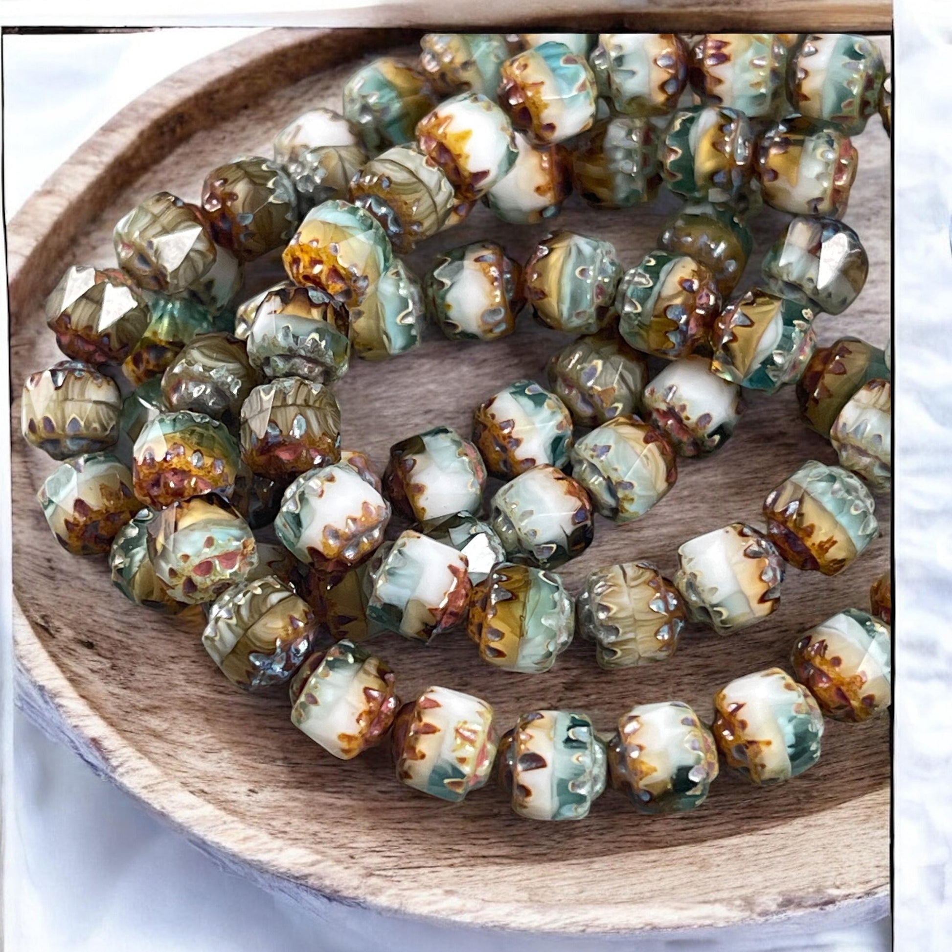 Czech Glass Beads - 6mm Faceted White, Aqua, Brown and Gold Picasso Beads, Cathedral Cut (CT6/N-041) * Qty. 20