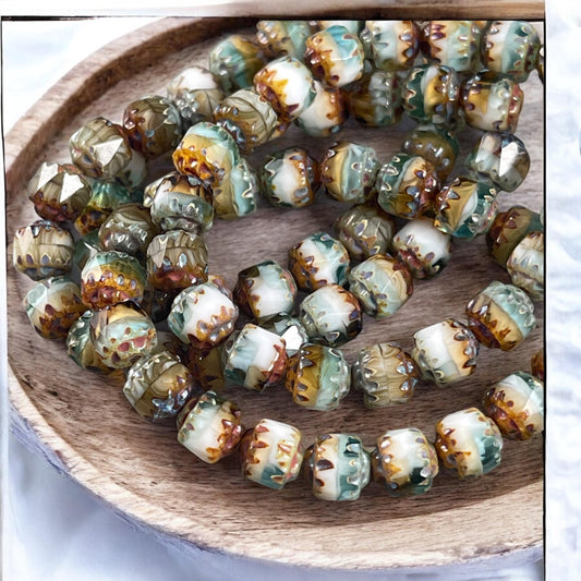 Czech Glass Beads - 6mm Faceted White, Aqua, Brown and Gold Picasso Beads, Cathedral Cut (CT6/N-041) * Qty. 20