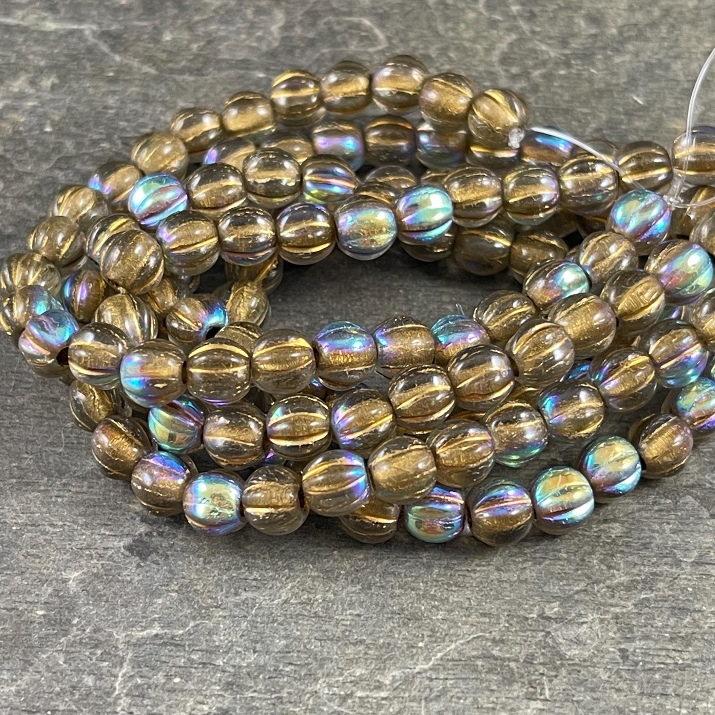 Transparent Gold AB Large Hole Beads Czech Glass Beads - 6mm Large Hole Melon 6mm Clear with Gold Wash and AB Finish (BH6/N-065) * Qty. 25