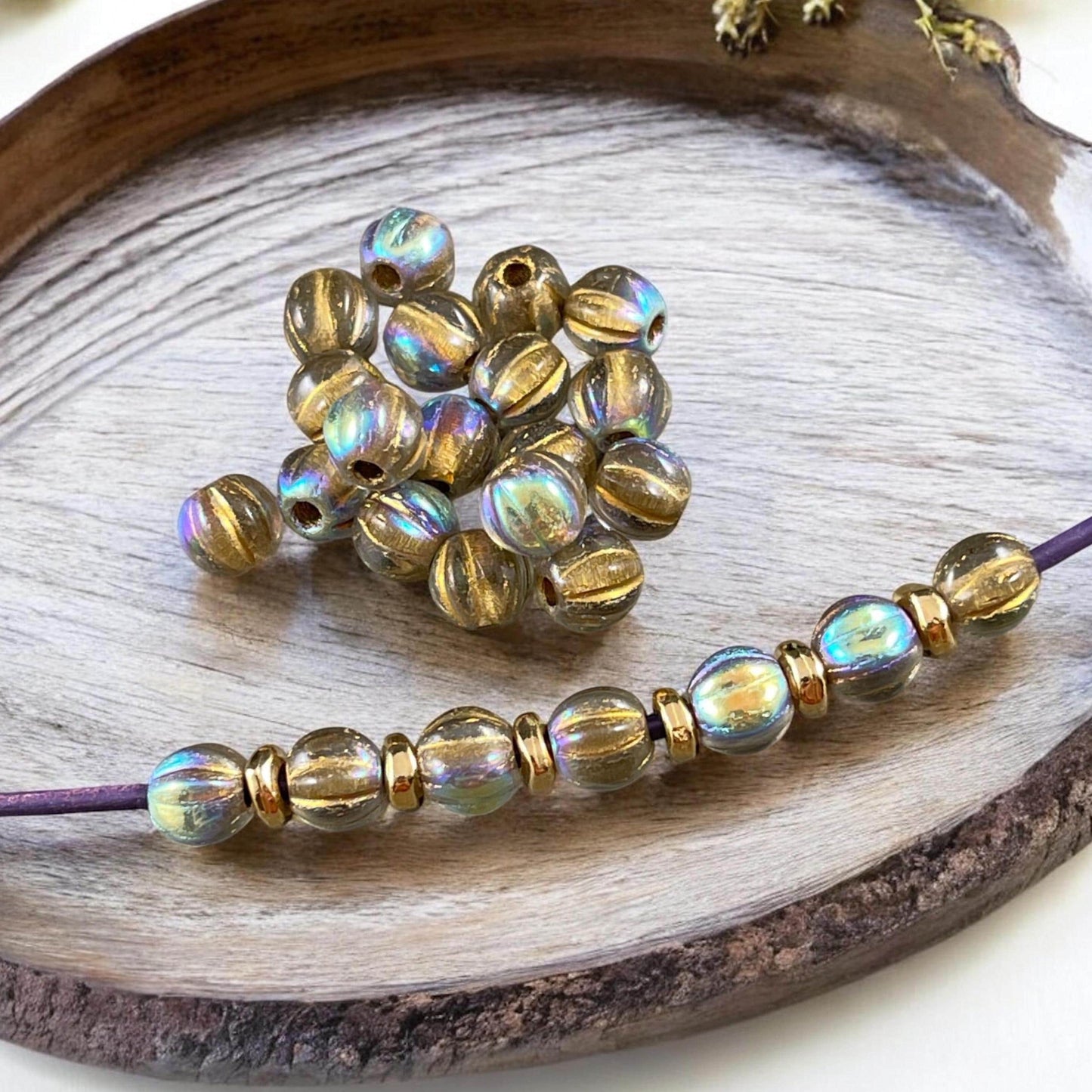 Transparent Gold AB Large Hole Beads Czech Glass Beads - 6mm Large Hole Melon 6mm Clear with Gold Wash and AB Finish (BH6/N-065) * Qty. 25