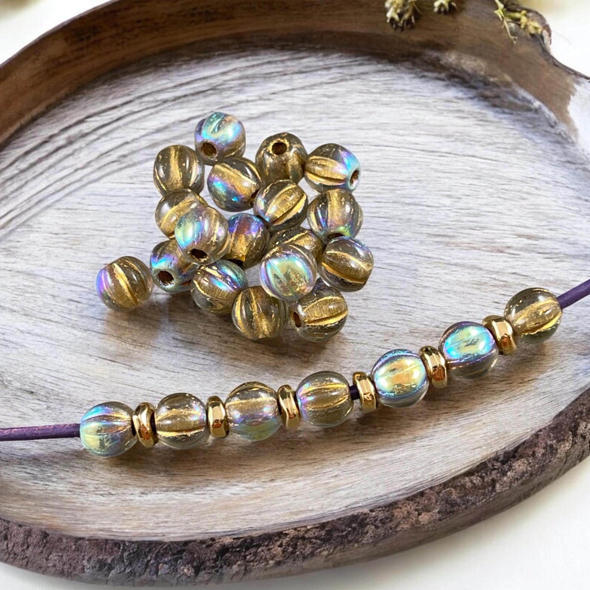 Transparent Gold AB Large Hole Beads Czech Glass Beads - 6mm Large Hole Melon 6mm Clear with Gold Wash and AB Finish (BH6/N-065) * Qty. 25