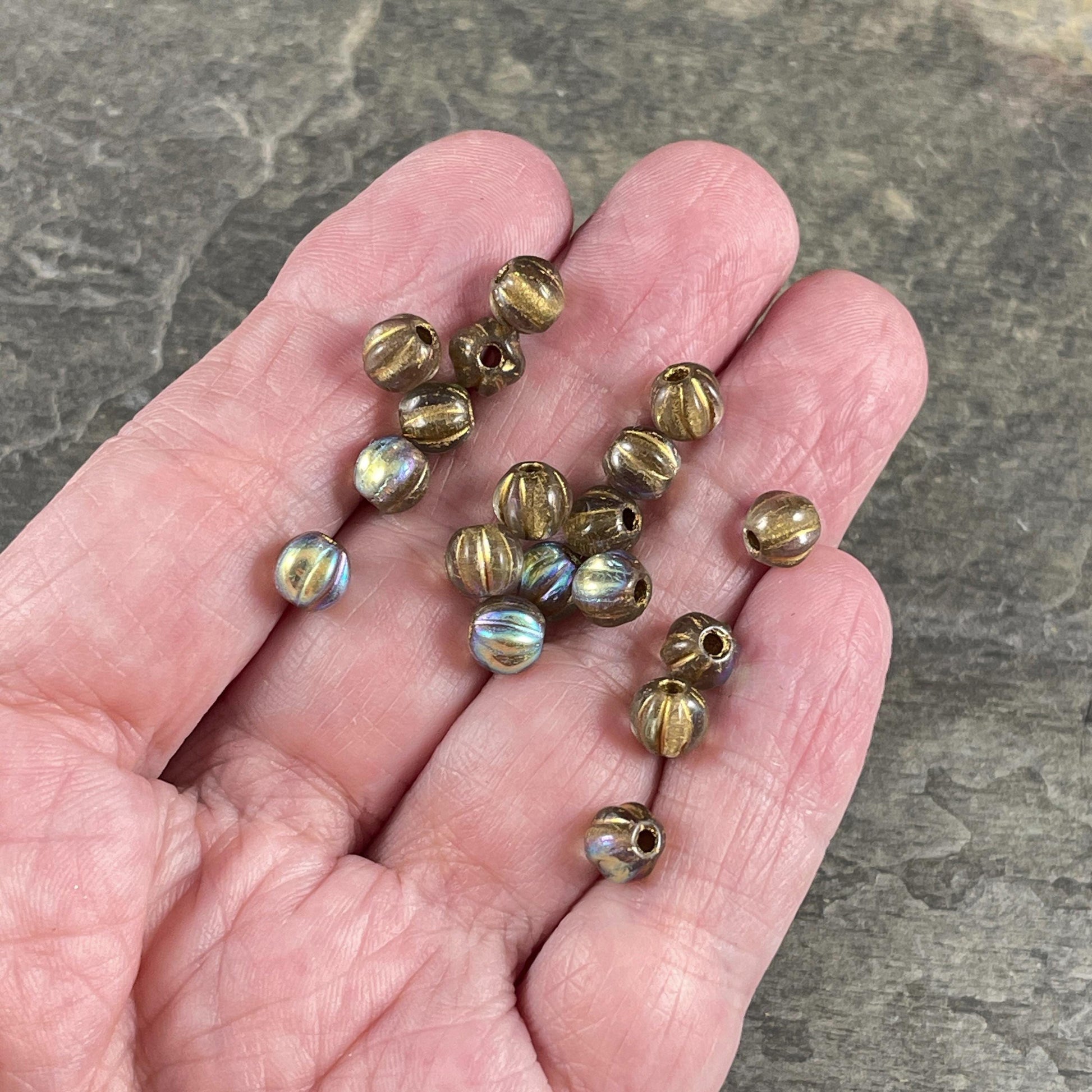 Transparent Gold AB Large Hole Beads Czech Glass Beads - 6mm Large Hole Melon 6mm Clear with Gold Wash and AB Finish (BH6/N-065) * Qty. 25