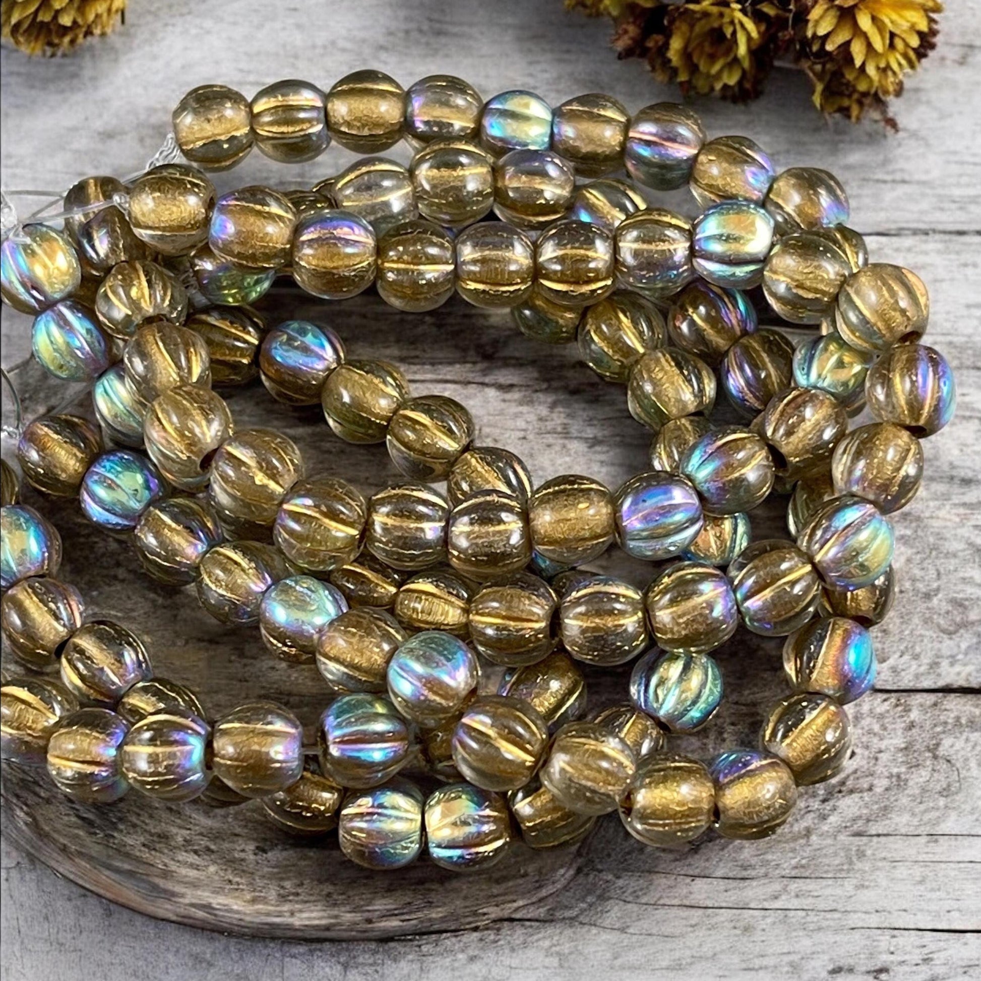 Czech Glass Beads - 6mm Large Hole Melon, Transparent Gold with Gold Wash and AB Finish (BH6/N-065) * Qty. 25