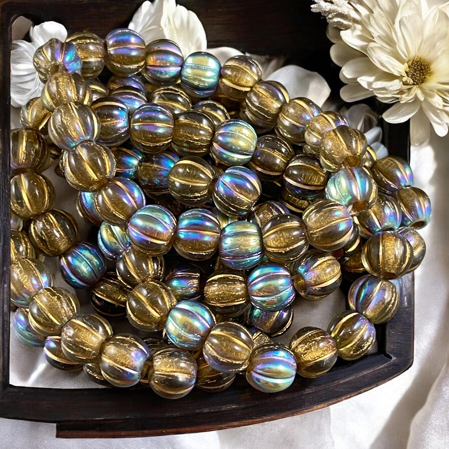 Czech Glass Beads - 8mm Gold Large Hole Melon Beads - Transparent Gold with Gold Wash and AB Finish (BH8/N-065) * Qty. 20