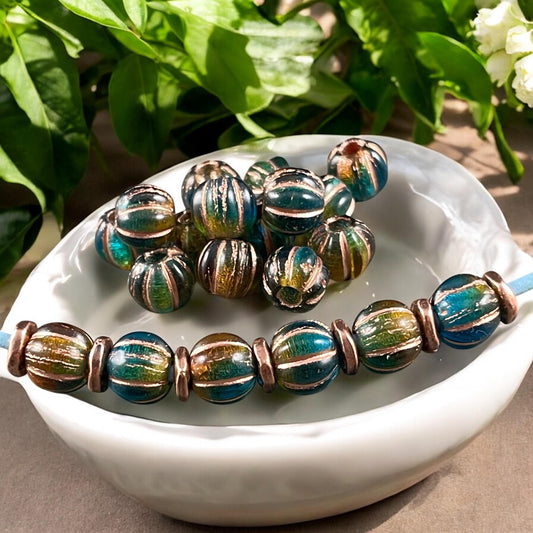 Czech Glass Beads - 8mm Large Hole Melon, Teal Blue, Green and Brown Round Beads (BH8/N-086) * Qty. 20