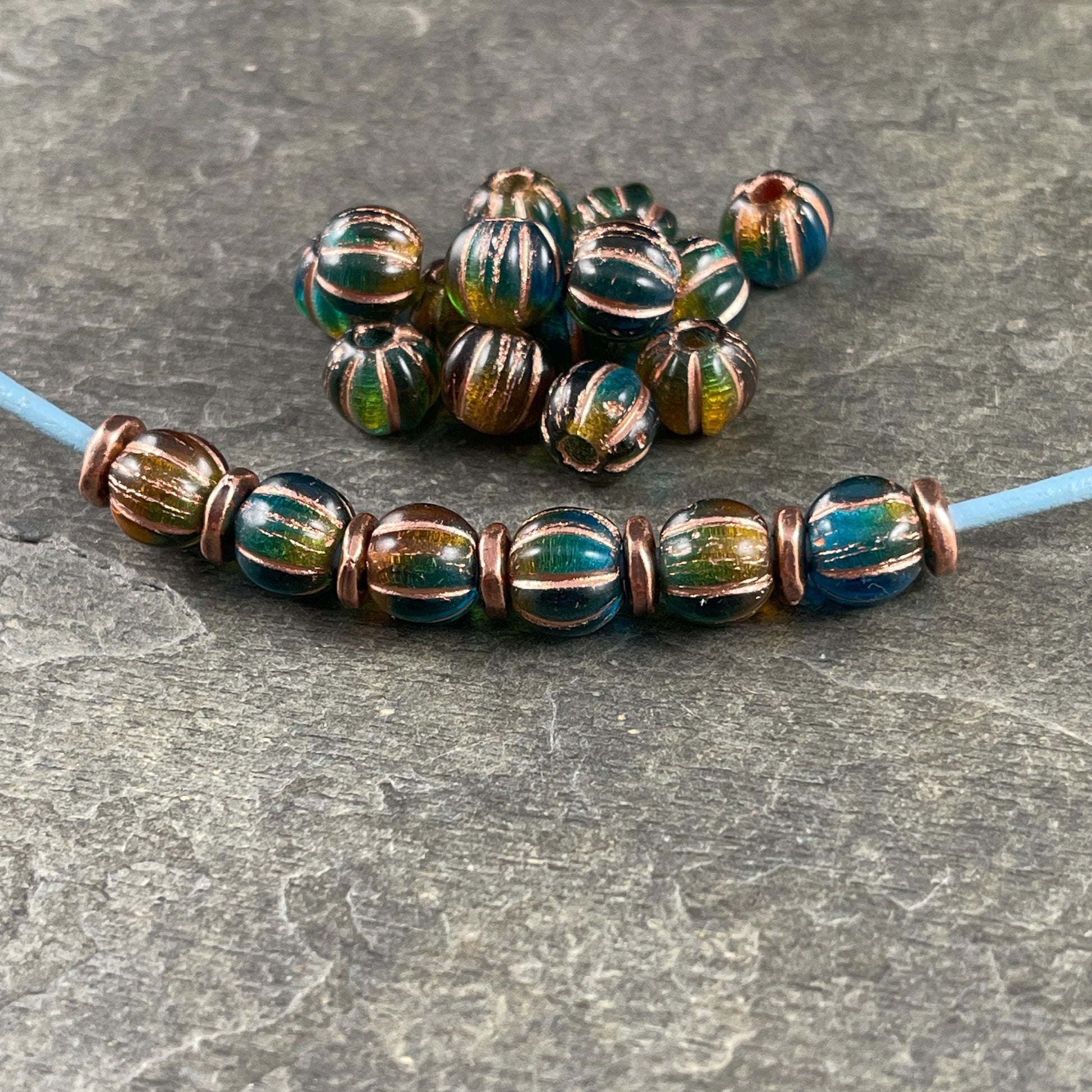 Czech Glass Beads - 8mm Large Hole Melon, Teal Blue, Green and Brown Round Beads (BH8/N-086) * Qty. 20