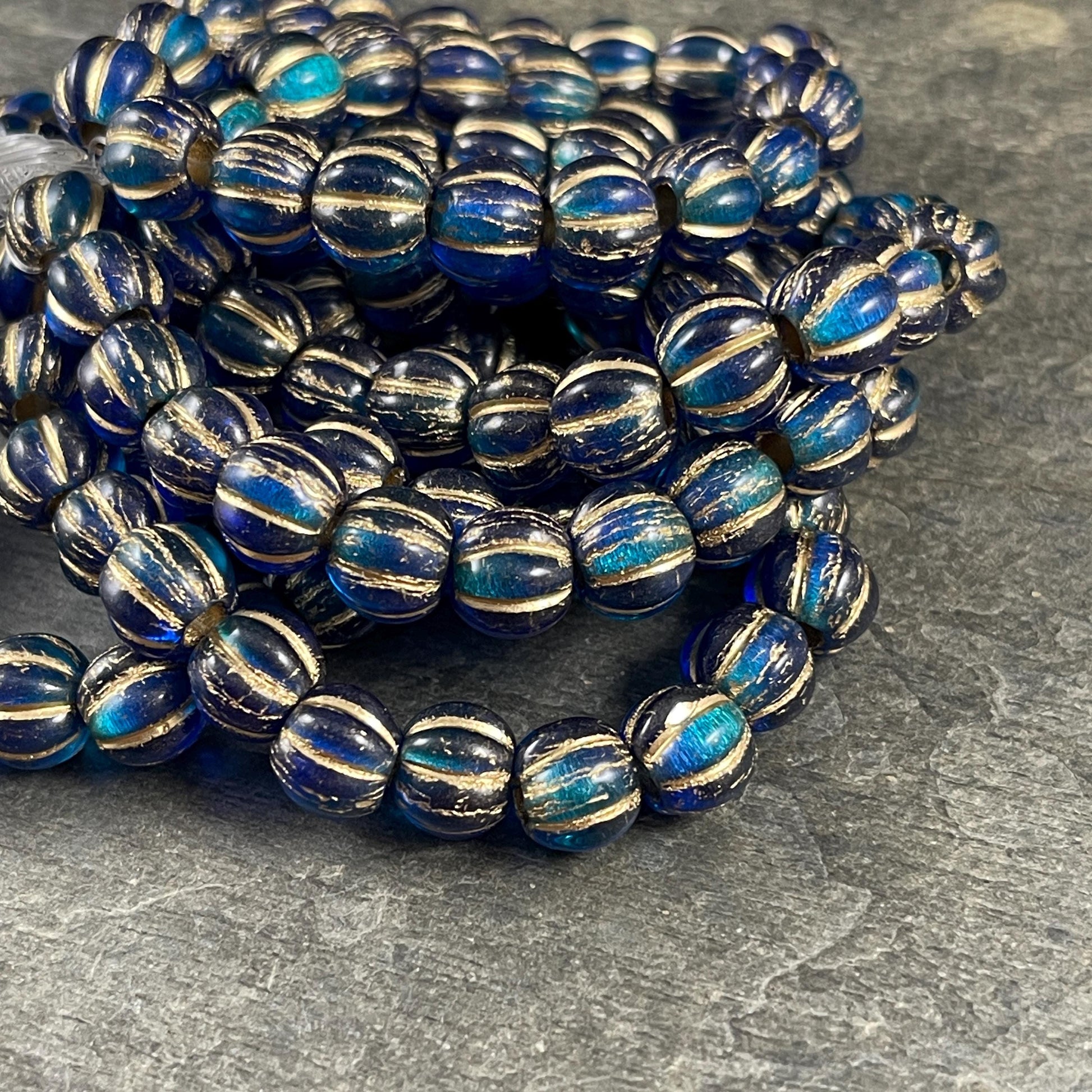 Czech Glass Beads - 8mm Blue Large Hole Melon Beads, Sapphire and Sky Blue with Gold Wash (BH8/N-064) * Qty. 20