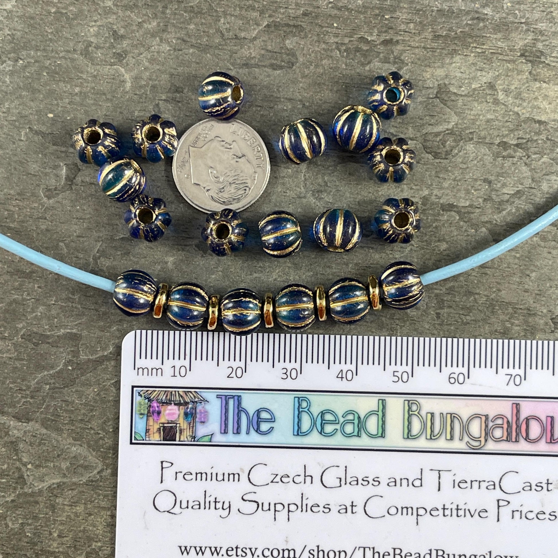 Czech Glass Beads - 8mm Blue Large Hole Melon Beads, Sapphire and Sky Blue with Gold Wash (BH8/N-064) * Qty. 20