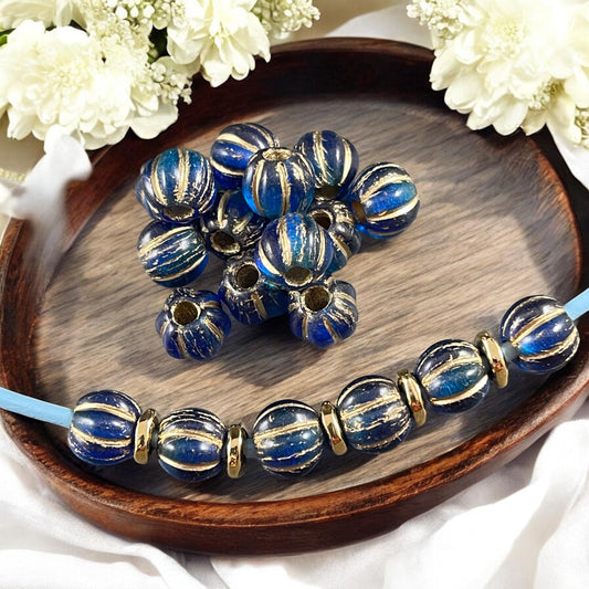 Czech Glass Beads - 8mm Blue Large Hole Melon Beads, Sapphire and Sky Blue with Gold Wash (BH8/N-064) * Qty. 20