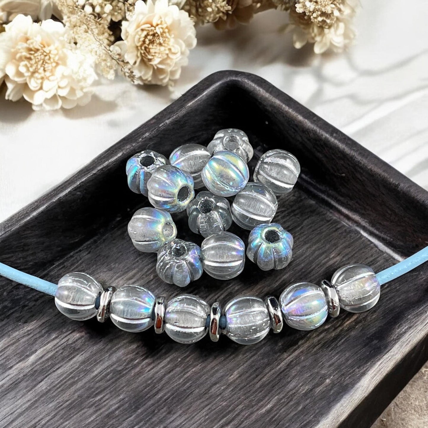 Czech Glass Beads - 8mm Silver Large Hole Melon Beads - Transparent Glass with Silver Wash and AB Finish (BH8/N-088) * Qty. 20