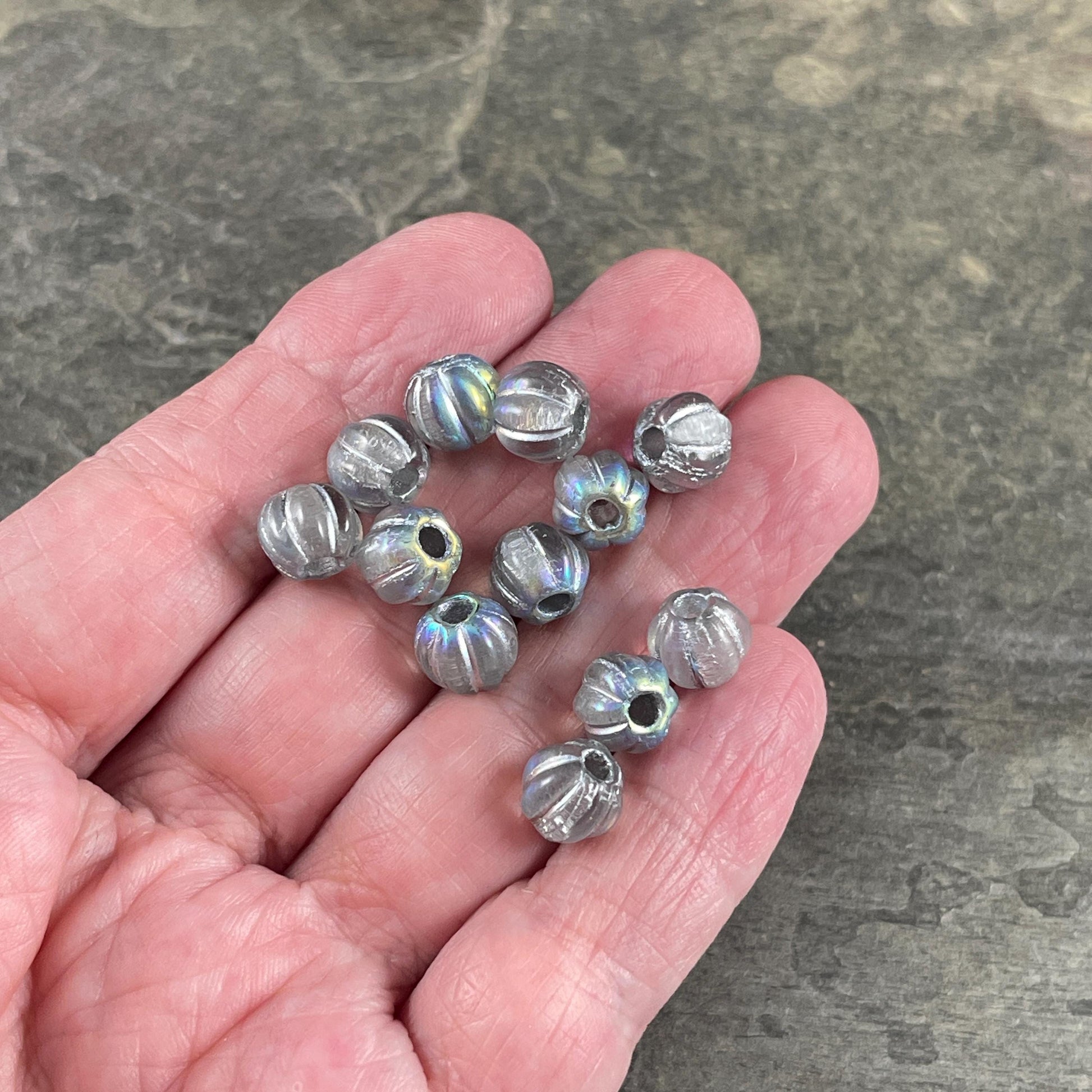 Czech Glass Beads - 8mm Silver Large Hole Melon Beads - Transparent Glass with Silver Wash and AB Finish (BH8/N-088) * Qty. 20
