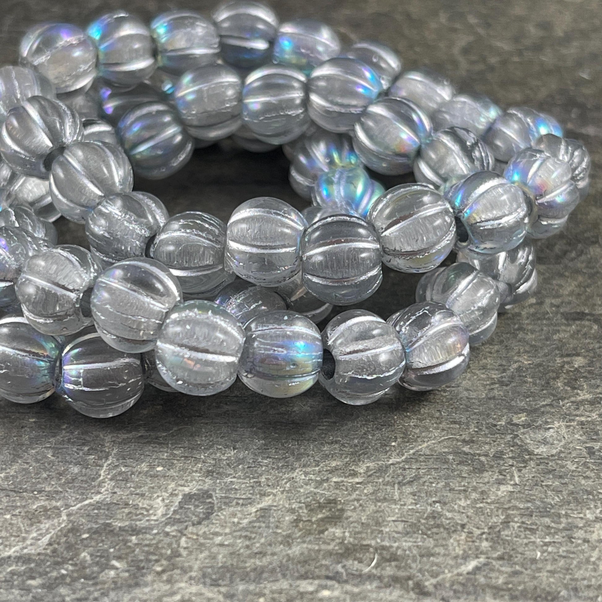 Czech Glass Beads - 8mm Silver Large Hole Melon Beads - Transparent Glass with Silver Wash and AB Finish (BH8/N-088) * Qty. 20