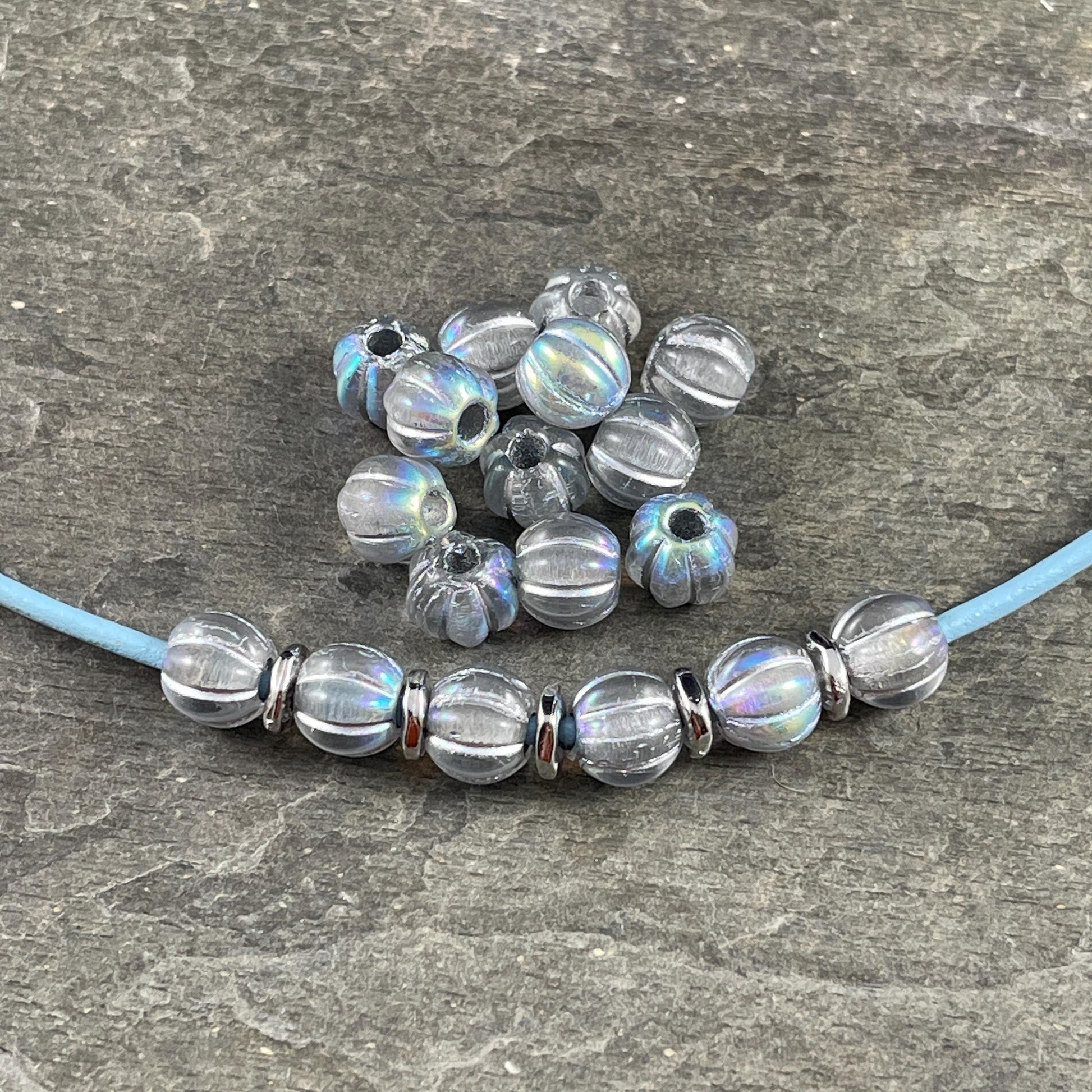 Czech Glass Beads - 8mm Silver Large Hole Melon Beads - Transparent Glass with Silver Wash and AB Finish (BH8/N-088) * Qty. 20