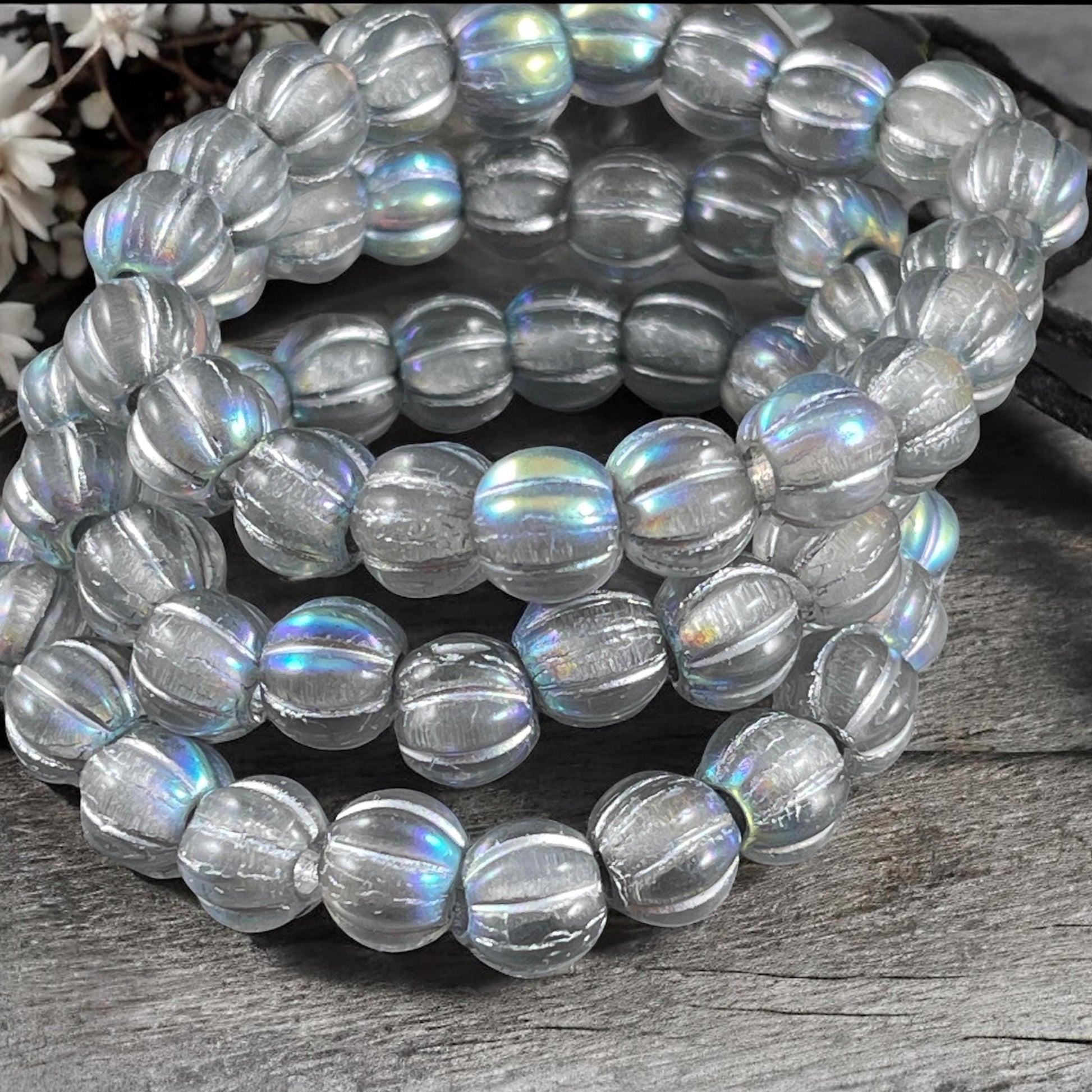 Czech Glass Beads - 8mm Silver Large Hole Melon Beads - Transparent Glass with Silver Wash and AB Finish (BH8/N-088) * Qty. 20