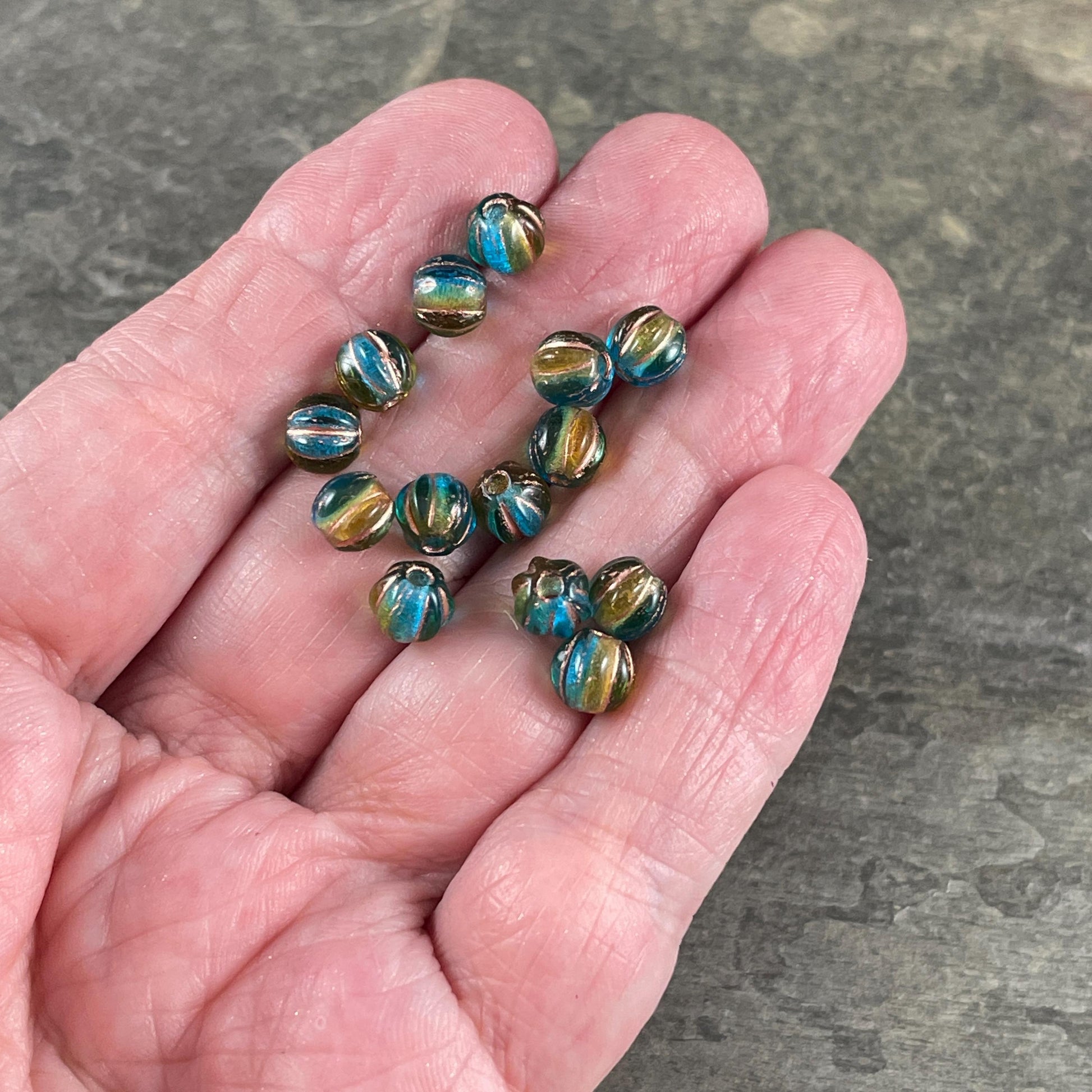 6mm Large Hole Melon Czech Glass Beads ~ Teal and Brown Large Hole Round Beads (BH6/N-086) * Qty 25